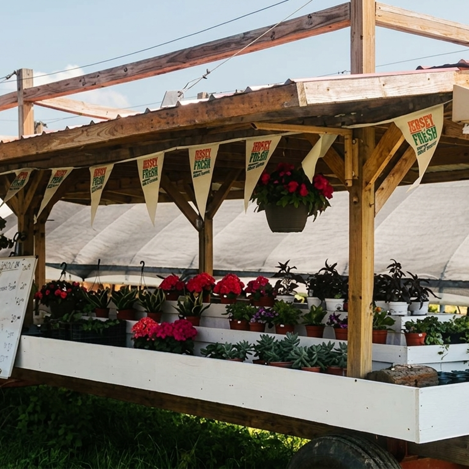 Rustic roadside flower stand displays colorful potted flowers, succulents, American flags, and hanging baskets beneath a wooden shelter.
