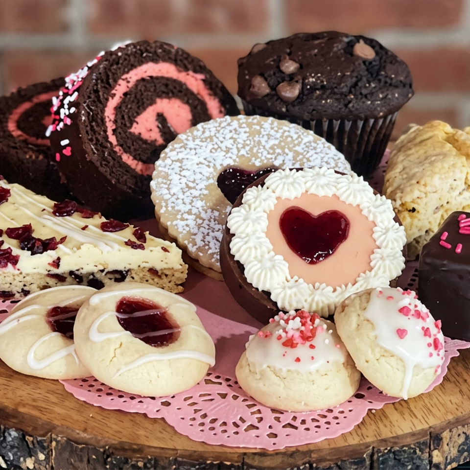 Assorted decorated pastries, cookies, cake slices, Swiss roll, cupcake, and scones arranged on a wooden serving board against a brick wall.