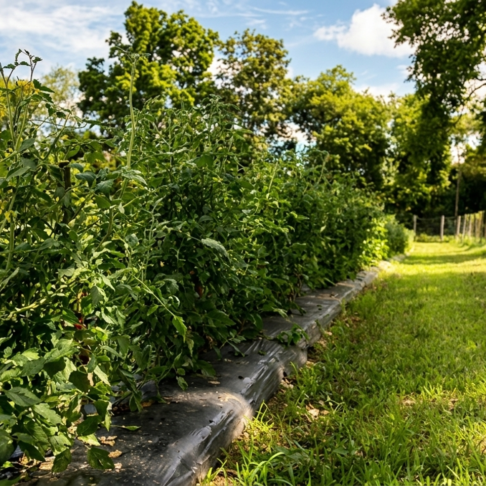 Lush tomato plants grow in a sunny garden beside a grassy path and wire fence.