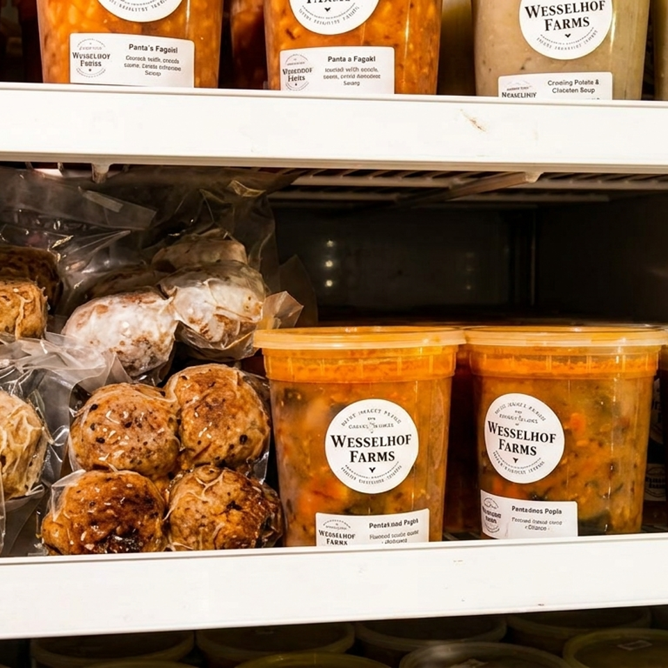 Refrigerated display stocked with packaged baked goods and labeled jars of prepared soups and sauces from Wesselhof Farms.
