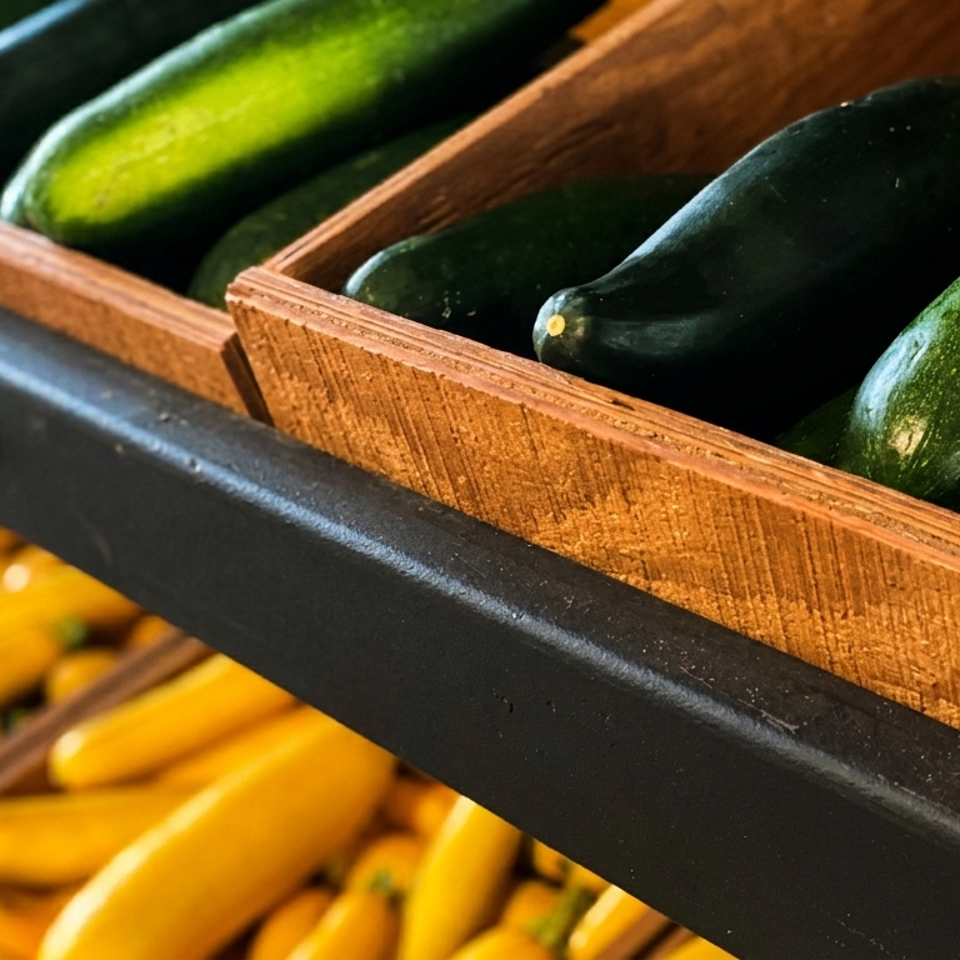 Wooden crates display fresh green zucchini and yellow squash at a market-style produce stand.