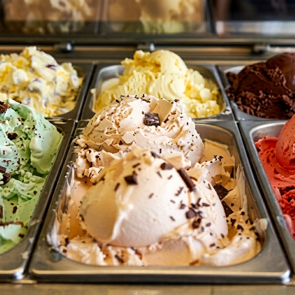 Colorful gelato flavors, including mint chocolate, chocolate chip, and strawberry, displayed in metal serving trays.
