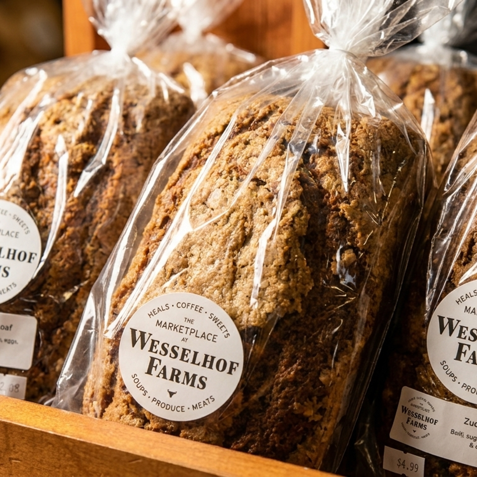 Packaged zucchini loaves labeled Wesselhof Farms displayed in a wooden bakery market basket.