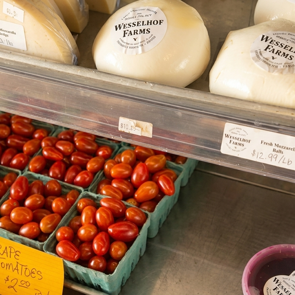 Refrigerated market display with Wesselhof Farms fresh mozzarella balls, baskets of grape tomatoes, and containers of prepared foods.