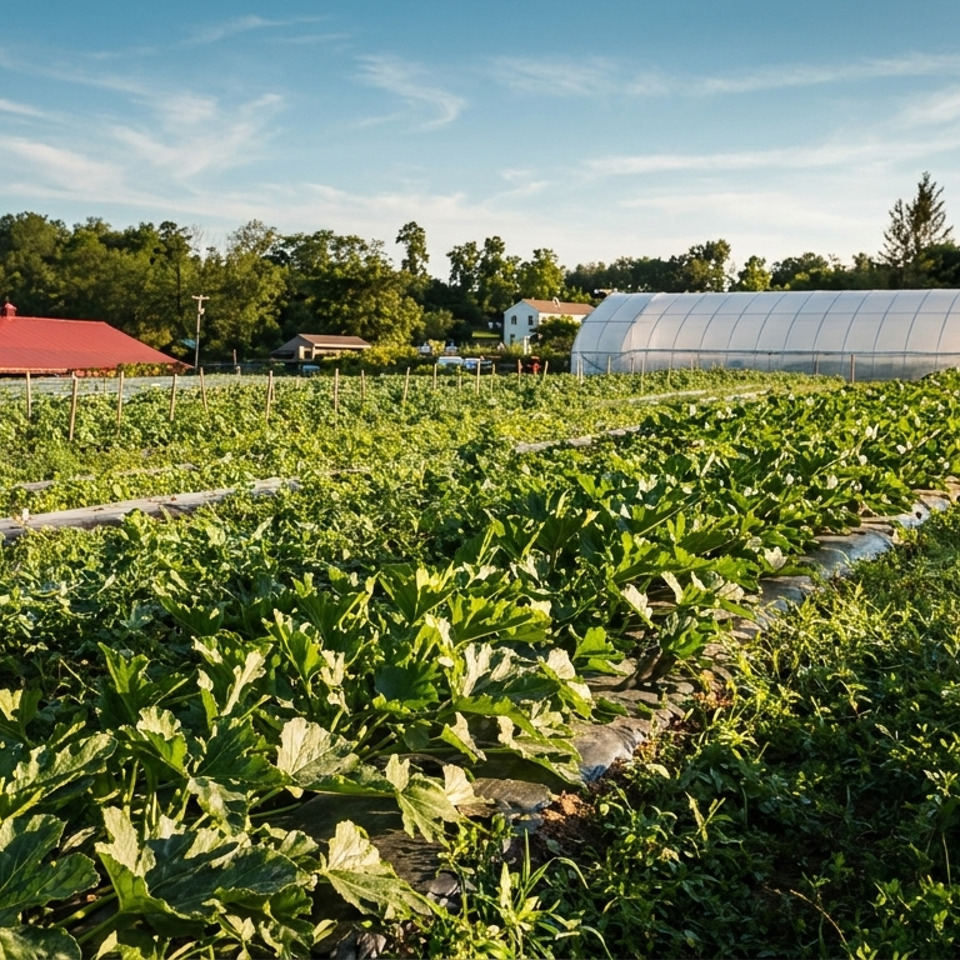 Sunlit vegetable farm with rows of leafy crops, greenhouses, a red barn, and a watering container.