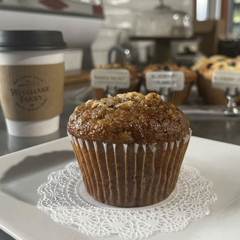 Crumb-topped muffin on a lace doily beside a takeaway coffee, with labeled pastries displayed in a bakery case.