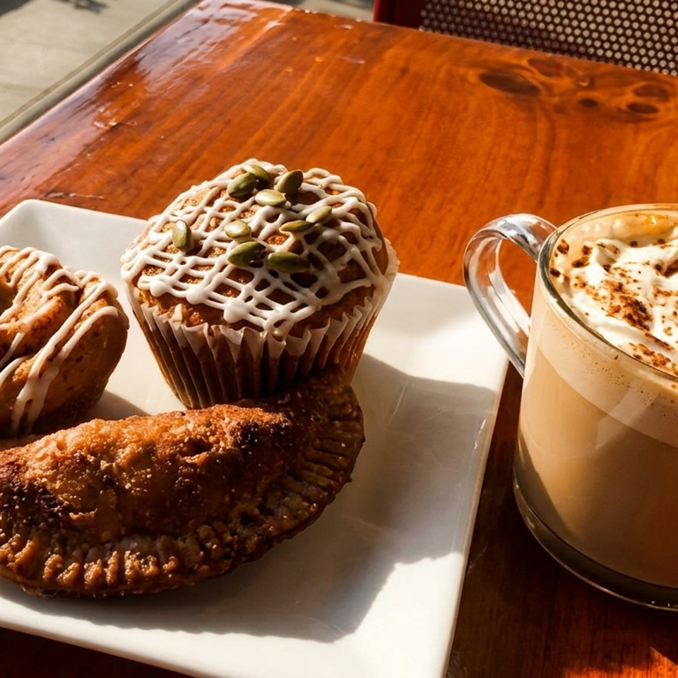 Plate of iced pastries and a fruit-filled tart beside a whipped-cream-topped latte on a sunlit wooden table.