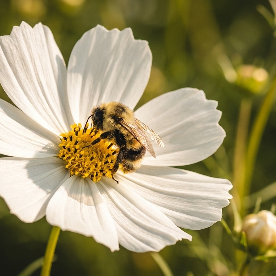 A bumblebee gathers nectar from the yellow center of a white flower amid sunlit green foliage.