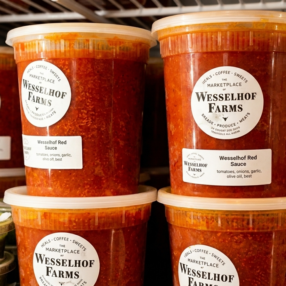 Containers of Wesselhof Farms red sauce and green pesto stacked on a refrigerated marketplace shelf.