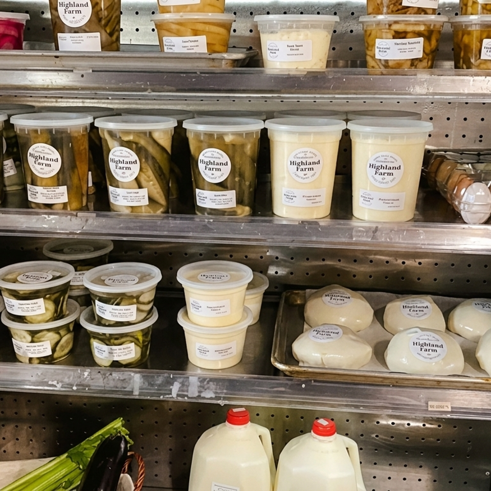 Refrigerated shelves display Highland Farm pickles, prepared foods, cheeses, eggs, and milk containers.