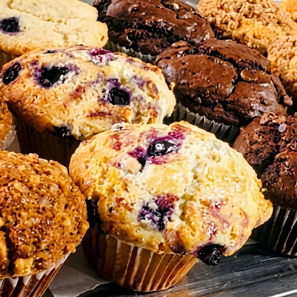 Assorted bakery muffins, including blueberry, chocolate, crumb-topped, and nut-covered varieties, arranged on a metal tray.
