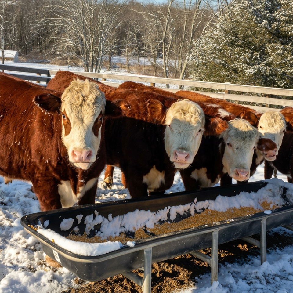 Five Hereford cattle gather around a snow-covered feed trough in a fenced winter pasture.