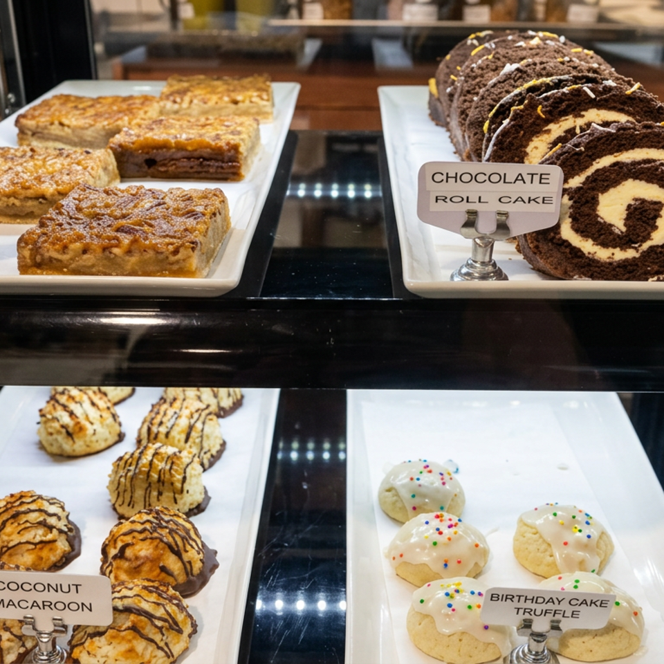 Bakery display case featuring chocolate macaroon bars, chocolate roll cake, coconut macaroons, and birthday cake truffles.