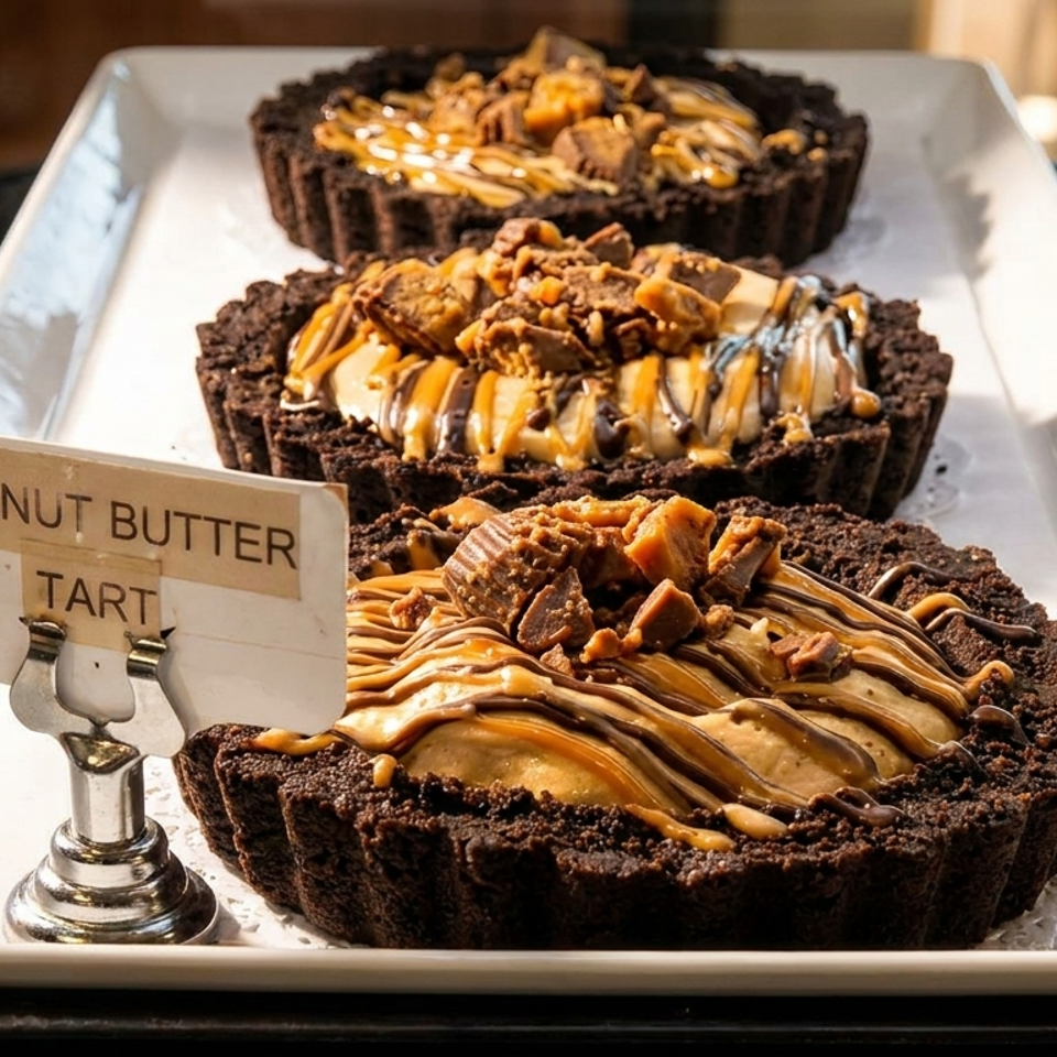 Three chocolate peanut butter tarts topped with caramel, chocolate drizzle, and candy pieces on a white serving platter.