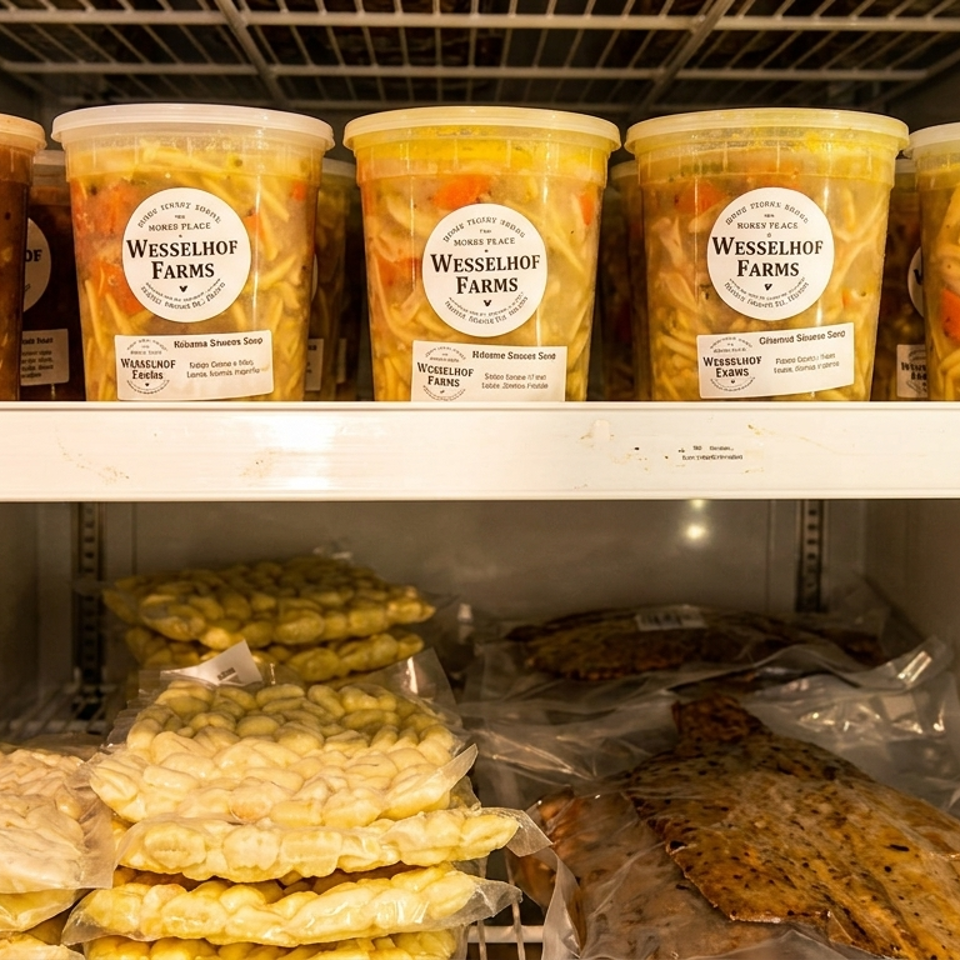 Refrigerated display stocked with Wesselhof Farms containers of prepared foods, packaged flatbreads, and baked goods.