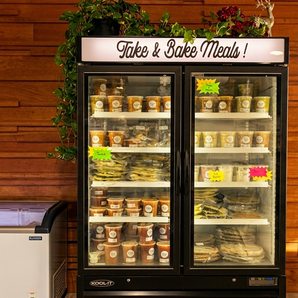 Take-and-bake meals, packaged foods, and frozen desserts displayed in a glass-door refrigerator against a wood-paneled wall.