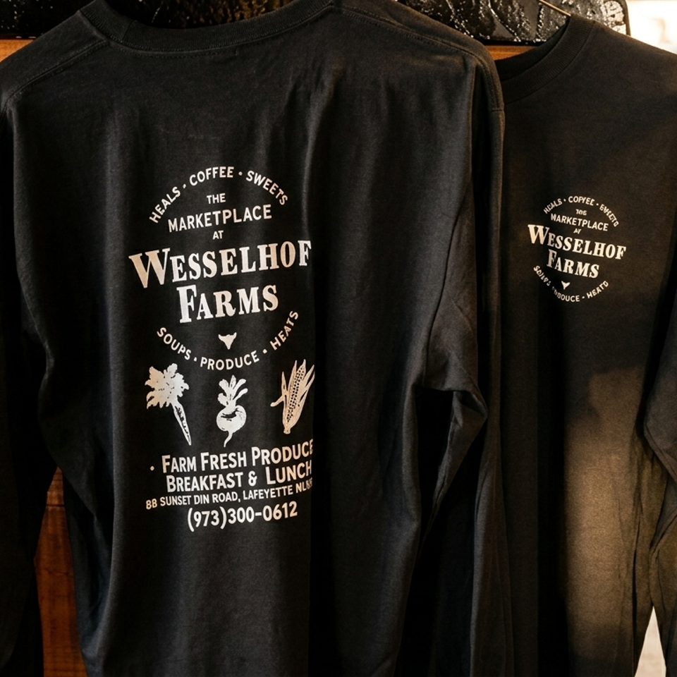 Black Wesselhof Farms long-sleeve shirts displayed on a wooden rack inside a warmly lit farm market.