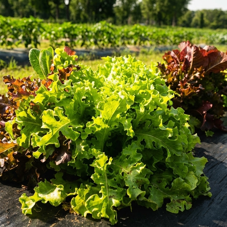 Rows of vibrant green and red leaf lettuce growing in a sunlit vegetable field.
